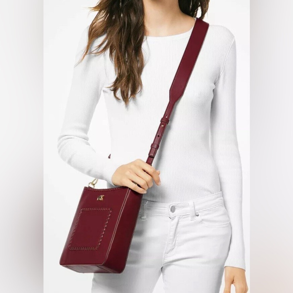 Michael Kors Gloria Pocket Stitched Leather Crossbody‎ leather oxblood bag